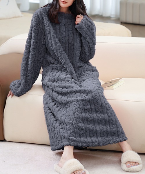 パジャマ ルームウェア ふわふわケーブルルームウェアワンピース