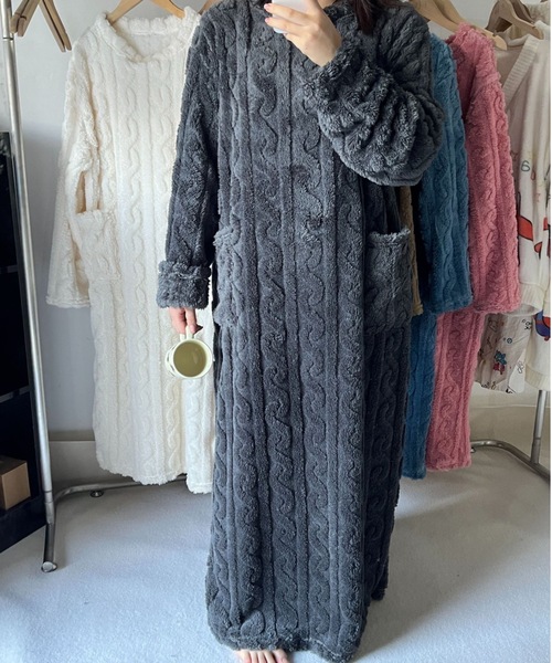 パジャマ ルームウェア ふわふわケーブルルームウェアワンピース