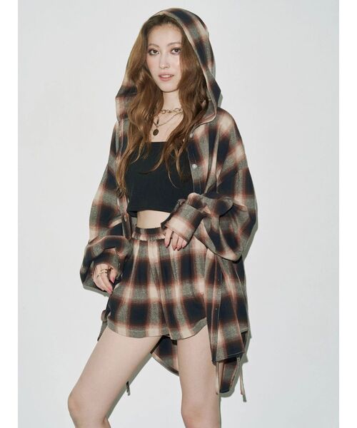 EVRIS（エヴリス） ブラウス シャツ フードチェックオーバーサイズ