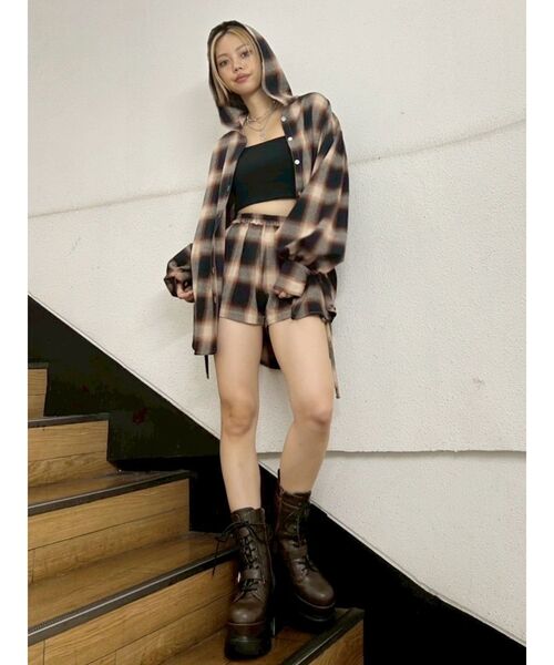 EVRIS（エヴリス） ブラウス シャツ フードチェックオーバーサイズ