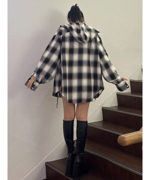 EVRIS（エヴリス） ブラウス シャツ フードチェックオーバーサイズ