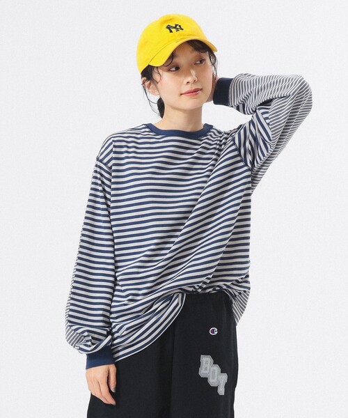 BEAMS BOY ビームスボーイ Tシャツ カットソー トップス ロング丈 長袖 ボートネック スーパービッグ ボーダー コットン 綿 22春夏 ホワイト ブルー オーバーサイズ カジュアル ブランド 女性 着回し【レディース】【中古】【美品】 BEAMS BOY（ビームス ボーイ） tシャツ ナバルボーダー ビッグ ボート