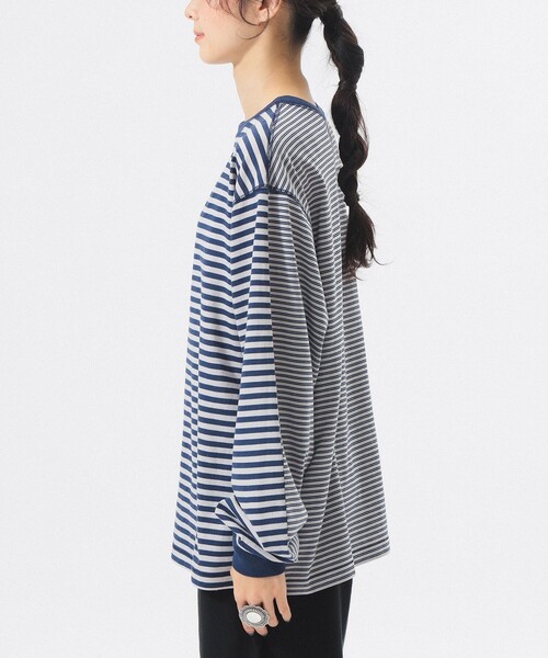 BEAMS BOY ビームスボーイ Tシャツ カットソー トップス ロング丈 長袖 ボートネック スーパービッグ ボーダー コットン 綿 22春夏 ホワイト グリーン 白緑 FREE 女性 着回し カジュアル ブランド 【レディース】【中古】【美品】 BEAMS BOY（ビームス ボーイ） tシャツ ナバルボーダー ビッグ ボート