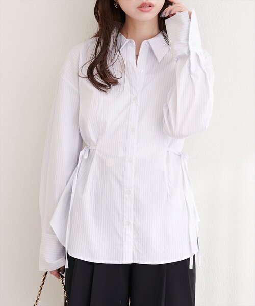 natural couture ブラウス シャツ サイドリボンストライプシャツ