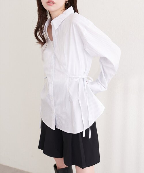 natural couture ブラウス シャツ サイドリボンストライプシャツ