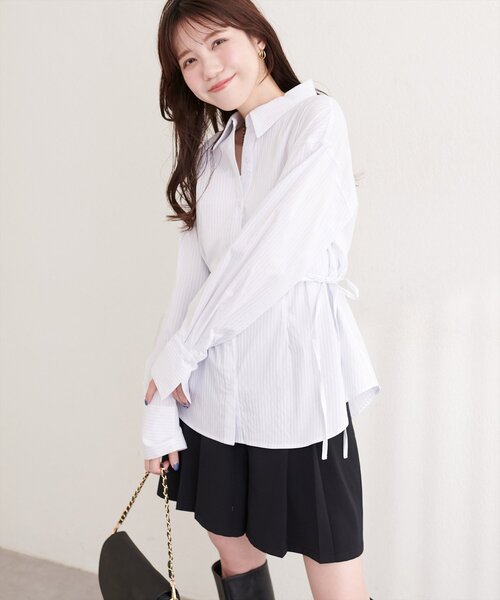 イエナ　LUNE ホワイトプリーツシャツ ブラックリボン付き natural couture ブラウス シャツ サイドリボンストライプシャツ