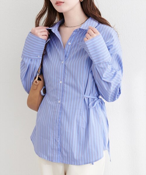 natural couture ブラウス シャツ サイドリボンストライプシャツ