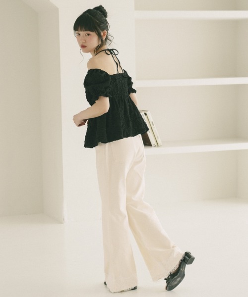 ジーンズ デニム デニムパンツ 「身長別デニム」レースフレアデニムパンツ　654882 レディースの画像