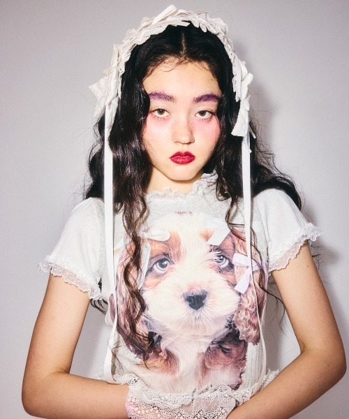 Candy Stripper 犬プリント 長袖カットソー ミントグリーン2 Candy Stripper（キャンディーストリッパー） tシャツ DOG PRINT FRILL