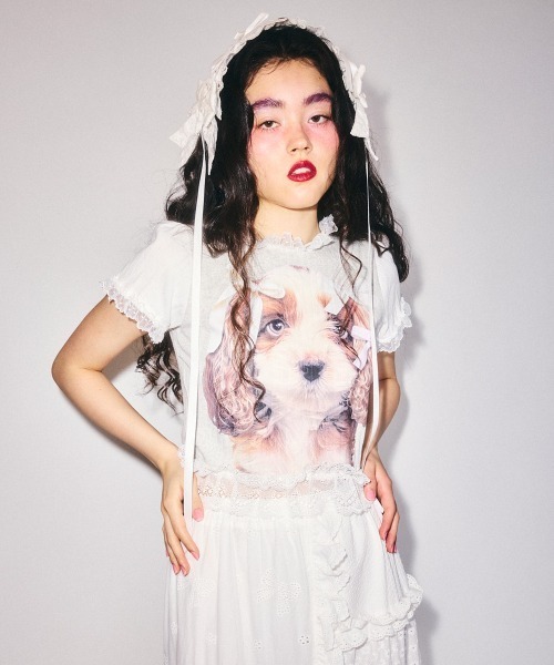 Candy Stripper 犬プリント 長袖カットソー ミントグリーン2 Candy Stripper（キャンディーストリッパー） tシャツ DOG PRINT FRILL