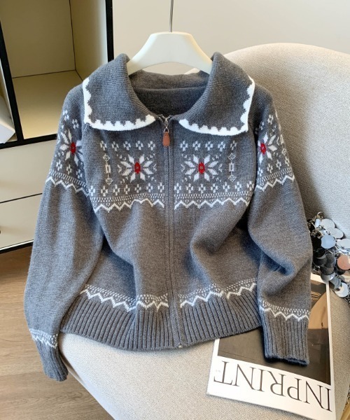 LUCPY カーディガン ノルディック柄 セーラーカラーニットカーディガン