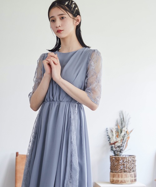 【美品】niana パーティードレス　グレイッシュブルー　Mサイズ niana ドレス レースプリーツイレヘムワンピースパーティー