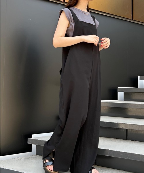 サロペット オーバーオール サイドスリットワイドパンツ