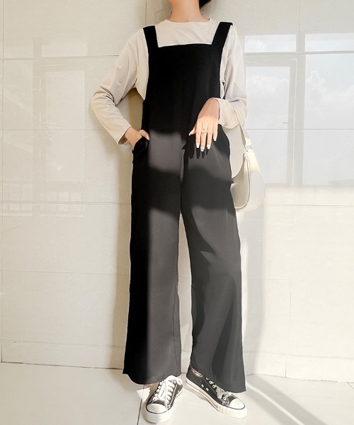 片側サロペットパンツ サロペット オーバーオール サイドスリットワイドパンツ