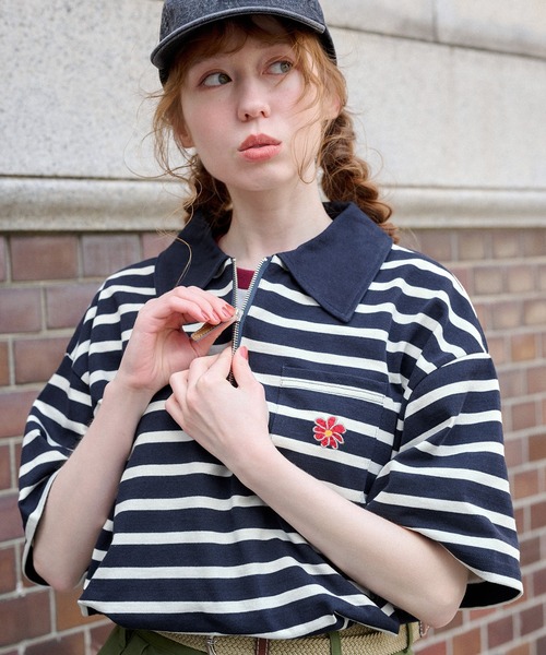 tシャツ 襟付きハーフジップワンポイントフラワー刺繍ポケットTシャツ