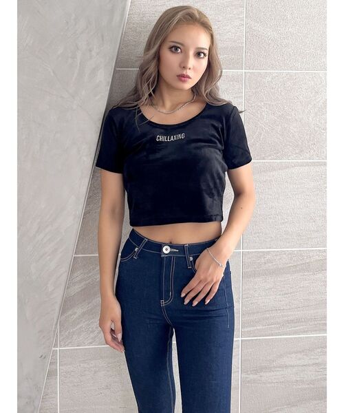 GYDA tシャツ CHILLAXING embroideryベロアトップス レディース