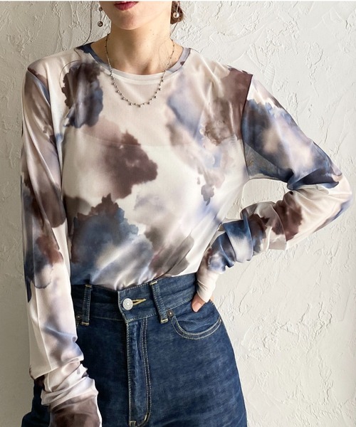 She's Closet tシャツ 総柄ニュアンス柄長袖クルーネックシアー