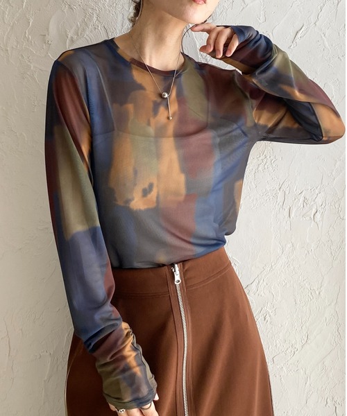 She's Closet tシャツ 総柄ニュアンス柄長袖クルーネックシアー