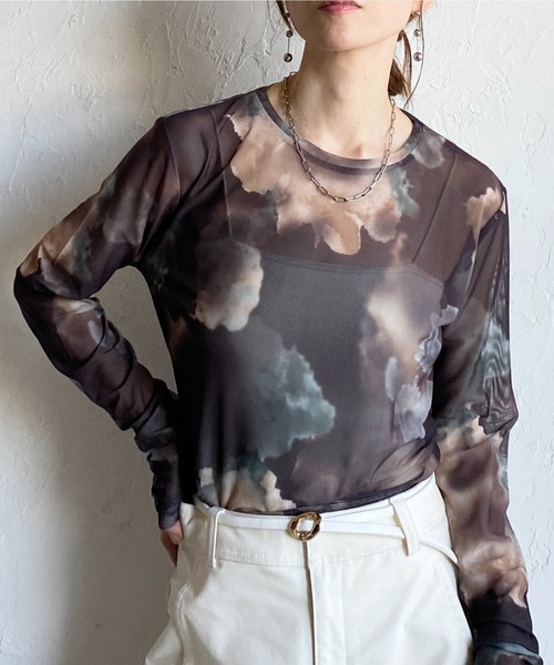 She's Closet tシャツ 総柄ニュアンス柄長袖クルーネックシアー