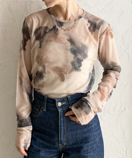 She's Closet tシャツ 総柄ニュアンス柄長袖クルーネックシアー