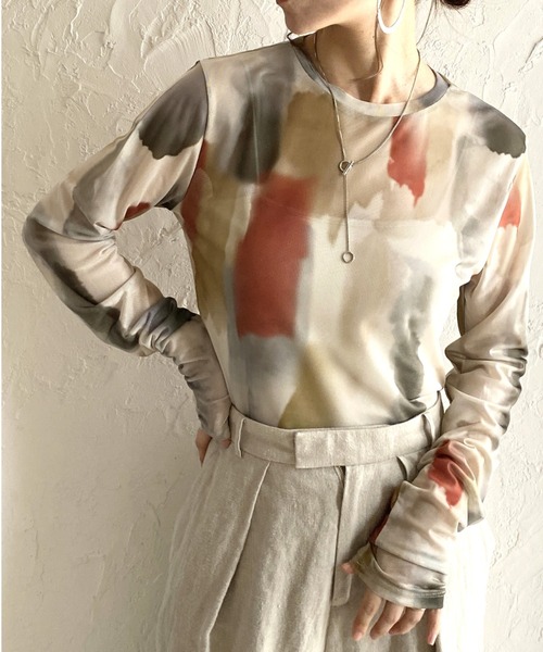 She's Closet tシャツ 総柄ニュアンス柄長袖クルーネックシアー