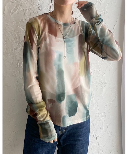 She's Closet tシャツ 総柄ニュアンス柄長袖クルーネックシアー