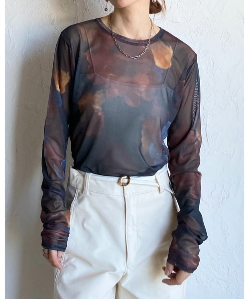 She's Closet tシャツ 総柄ニュアンス柄長袖クルーネックシアー