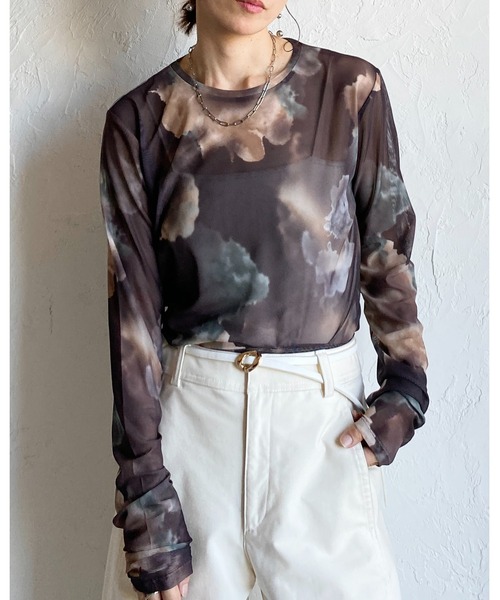 She's Closet tシャツ 総柄ニュアンス柄長袖クルーネックシアー