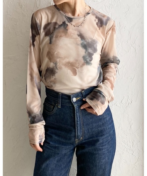 She's Closet tシャツ 総柄ニュアンス柄長袖クルーネックシアー