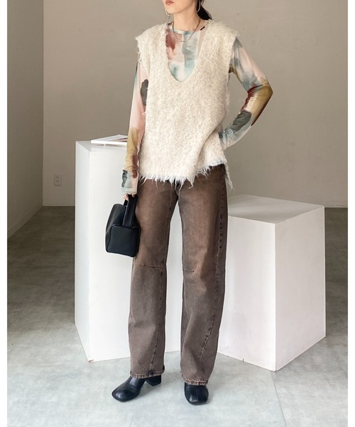 She's Closet tシャツ 総柄ニュアンス柄長袖クルーネックシアー