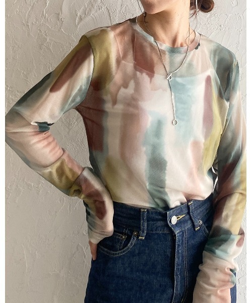 She's Closet tシャツ 総柄ニュアンス柄長袖クルーネックシアー