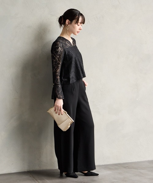 2点セット　AIMER　ストレートパンツオールインワン　花柄レースブラウス　黒 AIMER パンツドレス 「WEB限定」レースブラウス×ワイドパンツ