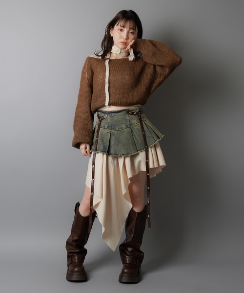 SPINNS ニット セーター ショート丈モヘアタッチ透かし編み