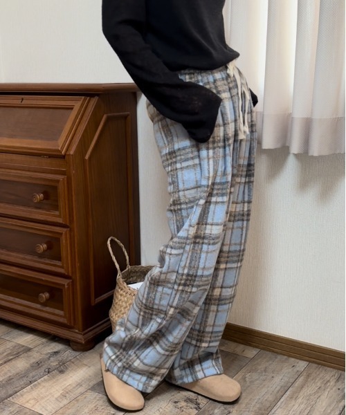 plage チェックパンツ パンツ チェック柄 イージーワイドパンツ グランパコアコーデ