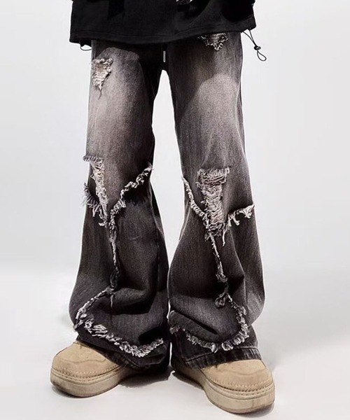 韓国 ストリート ダメージ加工 クラッシュ デニム ワイドパンツ CALIFORNIA OUTFITTERS ジーンズ 3-11B21 ダメージ 加工 ワイド
