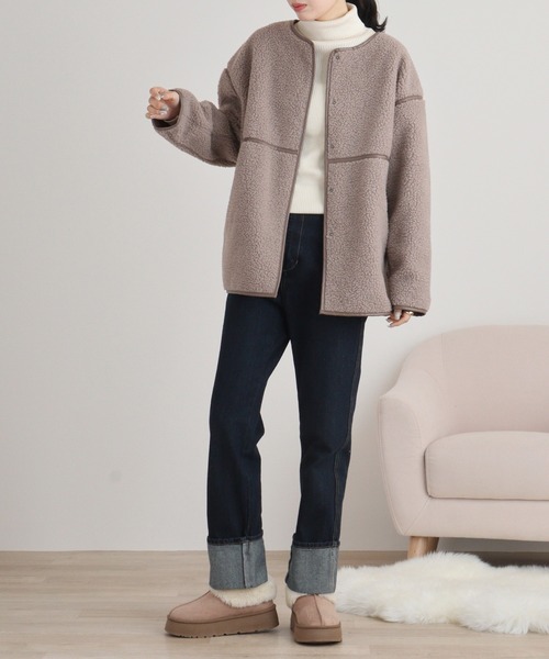 On One's Own ジャケット ノーカラージャケット ボリュームボア裏地