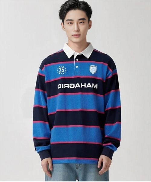 ポロシャツ ポロ 「mahagrid/マハグリッド」 STRIPE RUGBY SHIRT/ボーダーラグビーシャツ レディース メンズ