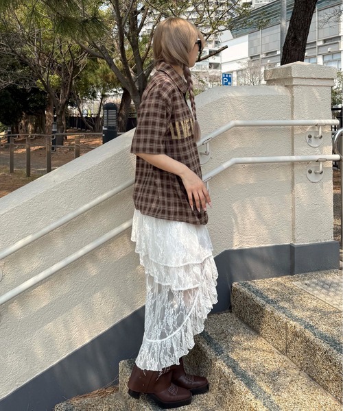 ブラウス シャツ アップリケチェックシャツ レディース メンズ