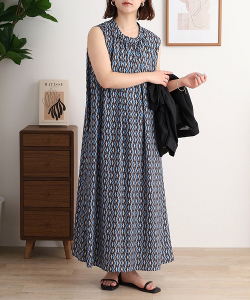 ワンピース A.N.L マルチカラー幾何柄プリントノースリーブロング