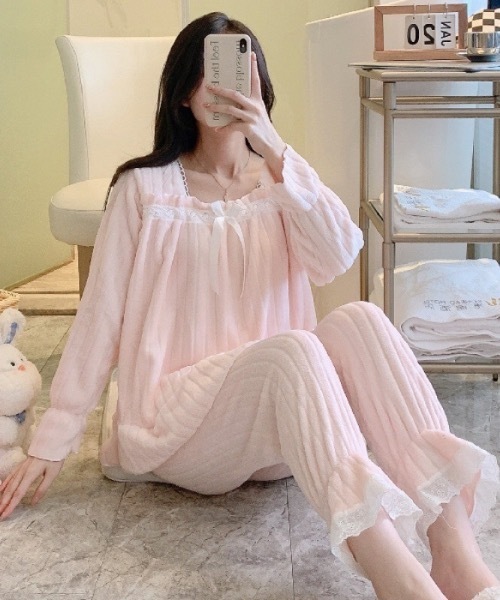 ルームウェア・パジャマ Lumi room ribbon wear 3set up パジャマ ルームウェア リボンレース ふわふわルームウェア上下セット
