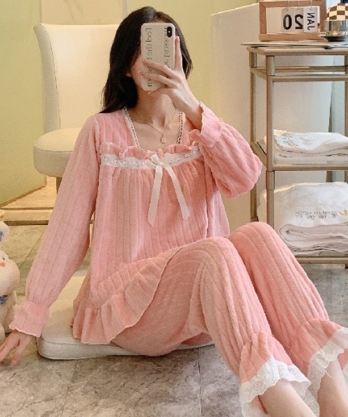 ルームウェア・パジャマ Lumi room ribbon wear 3set up パジャマ ルームウェア リボンレース ふわふわルームウェア上下セット