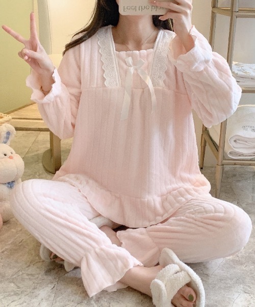 ルームウェア・パジャマ Lumi room ribbon wear 3set up パジャマ ルームウェア リボンレース ふわふわルームウェア上下セット