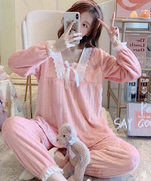ルームウェア・パジャマ Lumi room ribbon wear 3set up パジャマ レディース ルームウェア 冬 ふわふわ 寒さ対策 あったか