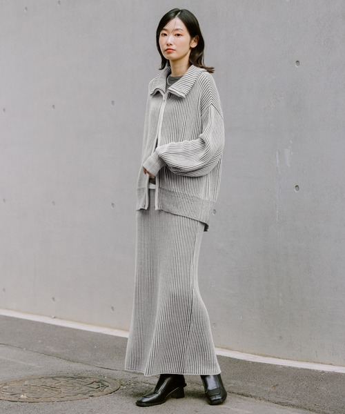 ニット 受注制【Chikashitsu +】cropped henry neck border knit (3color