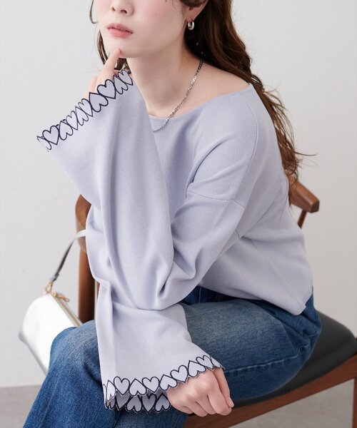 natural couture ニット セーター お袖ハートショート丈ニットプル
