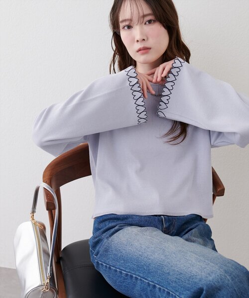 natural couture ニット セーター お袖ハートショート丈ニットプル