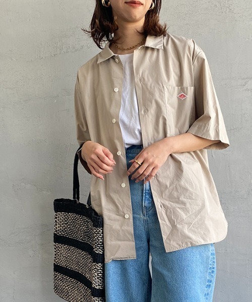 ダントン／ゆったりサイズ40 丸襟 リネン半袖シャツ ハーフボタン ベージュ Danton（ダントン） 半袖シャツ 40 グレイッシュベージュ レディース