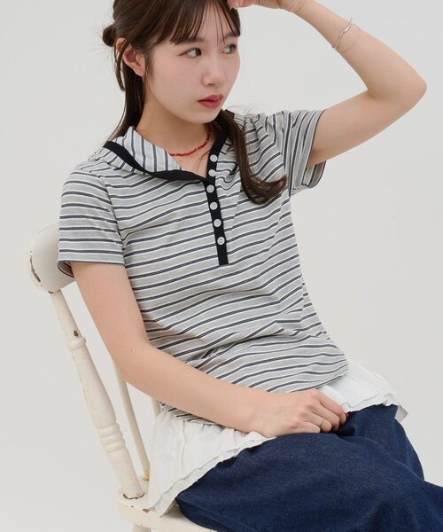Discoat（ディスコート） tシャツ 「umm.」マルチボーダーフードT