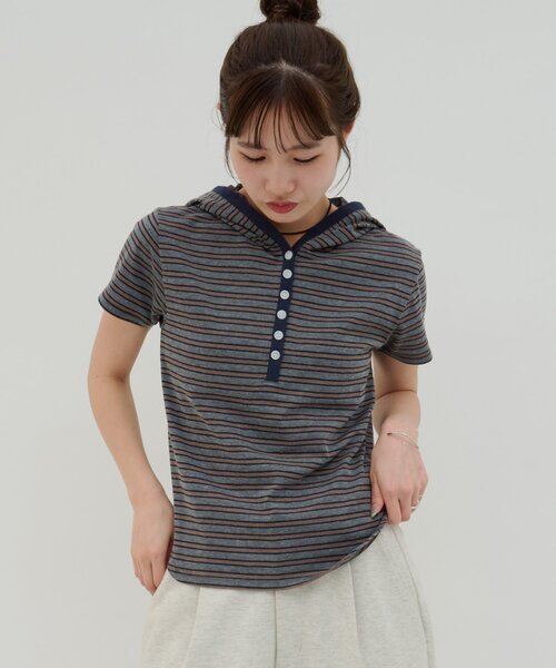 Discoat（ディスコート） tシャツ 「umm.」マルチボーダーフードT