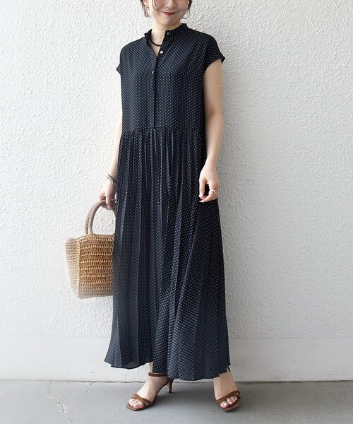 マチャット 美品 人気品 ドット ロング ワンピース ふんわり プリーツ 黒 SHIPS any ワンピース any:「手洗い可能」ドット バンドカラー
